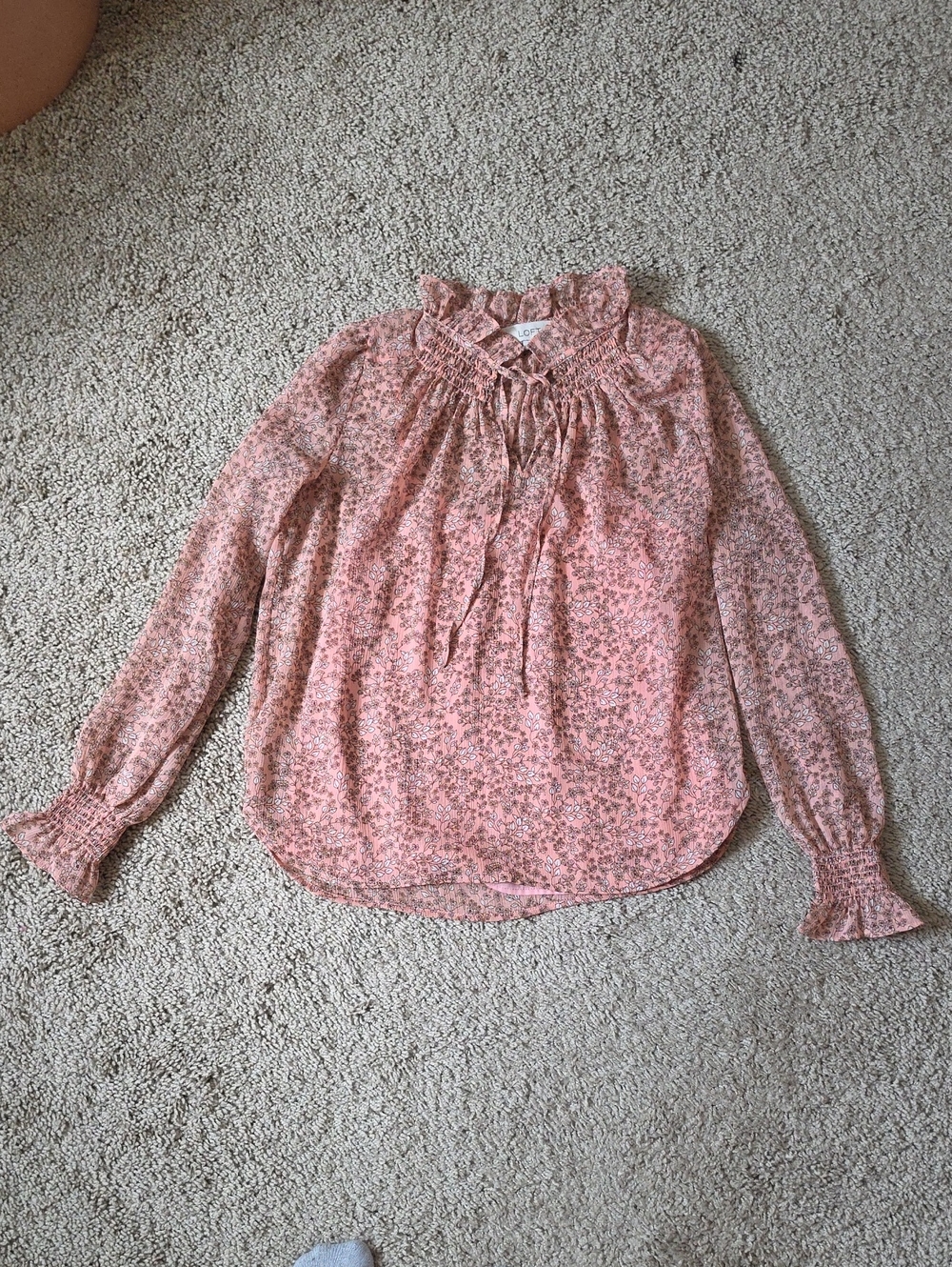 LOFT Pink Floral Tie-Neck Long Sleeve Blouse